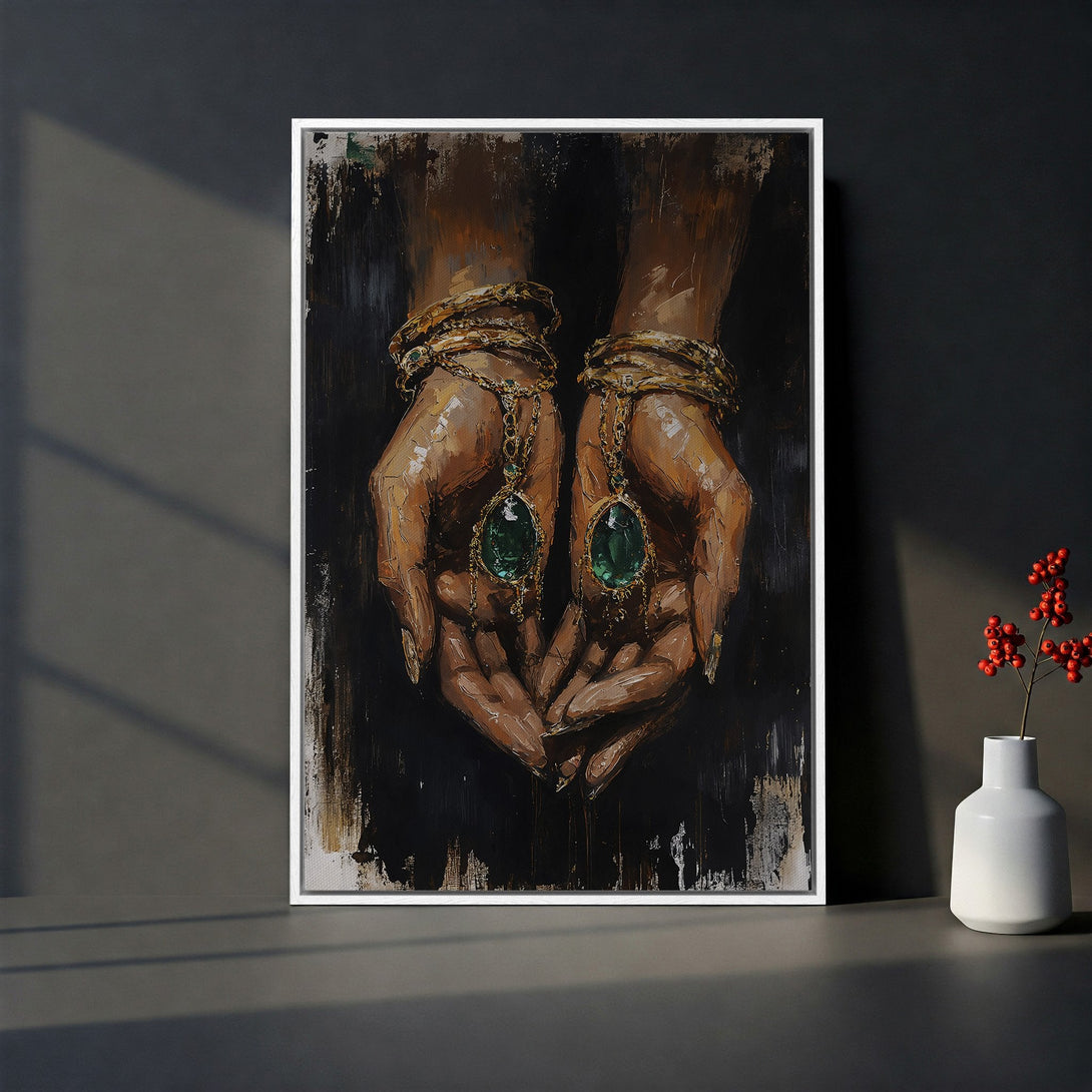 Framed Wall Art: Abstract painting of hands adorned with jewelry. Rich gold, emerald, and ruby tones. Adds a touch of luxury to any bedroom.