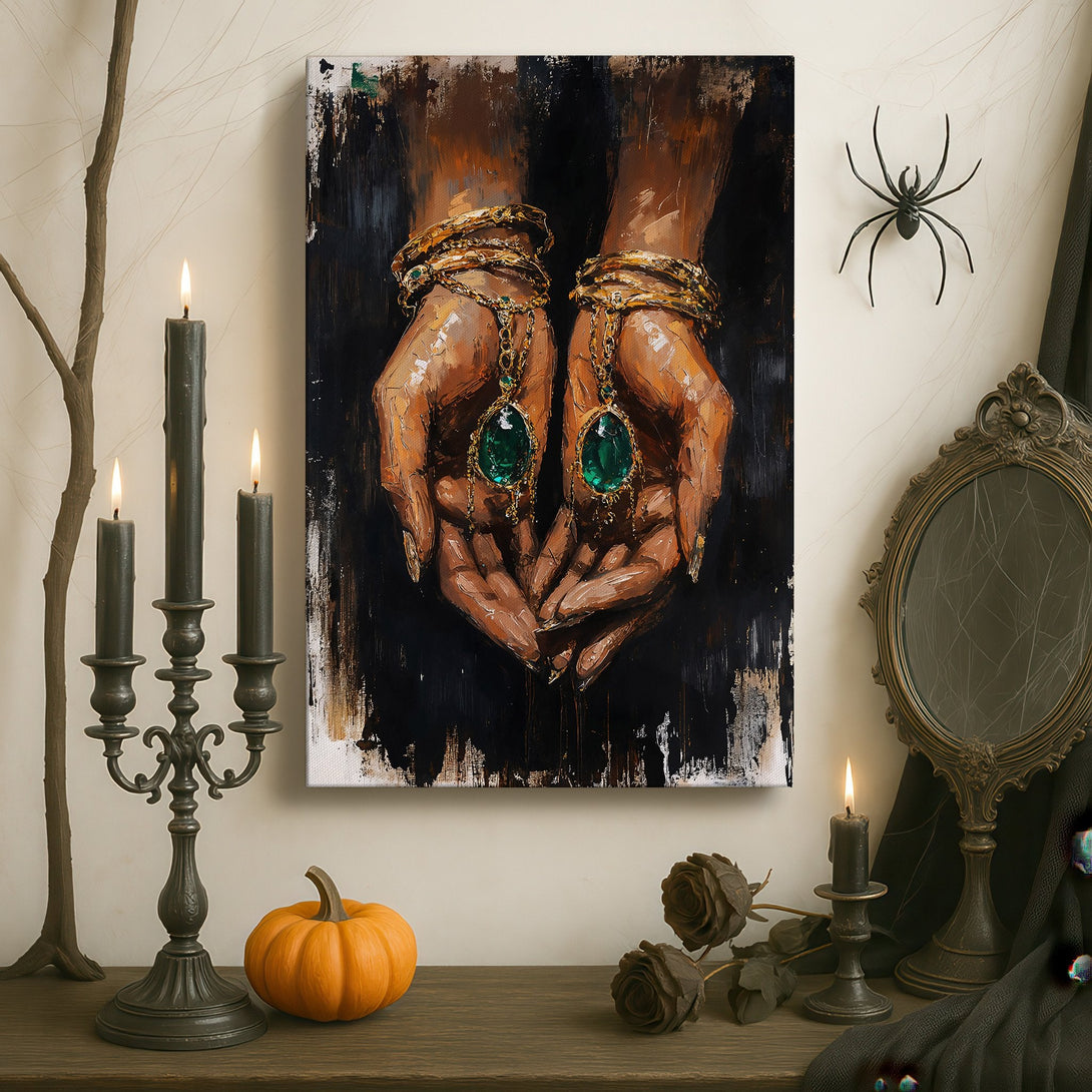 Framed Wall Art: Dramatic hands canvas print with rich jewel tones in a luxurious interior setting. Enhance your space with this stunning artwork!