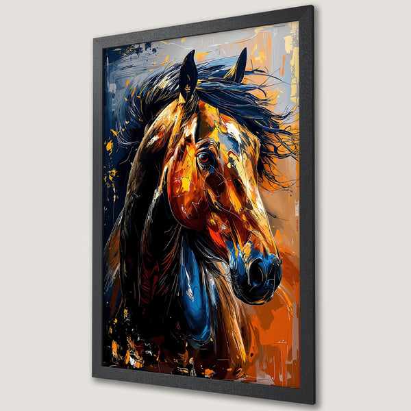 Framed Poster of a majestic horse in an abstract, modern art style. Features a warm orange and blue color palette.
