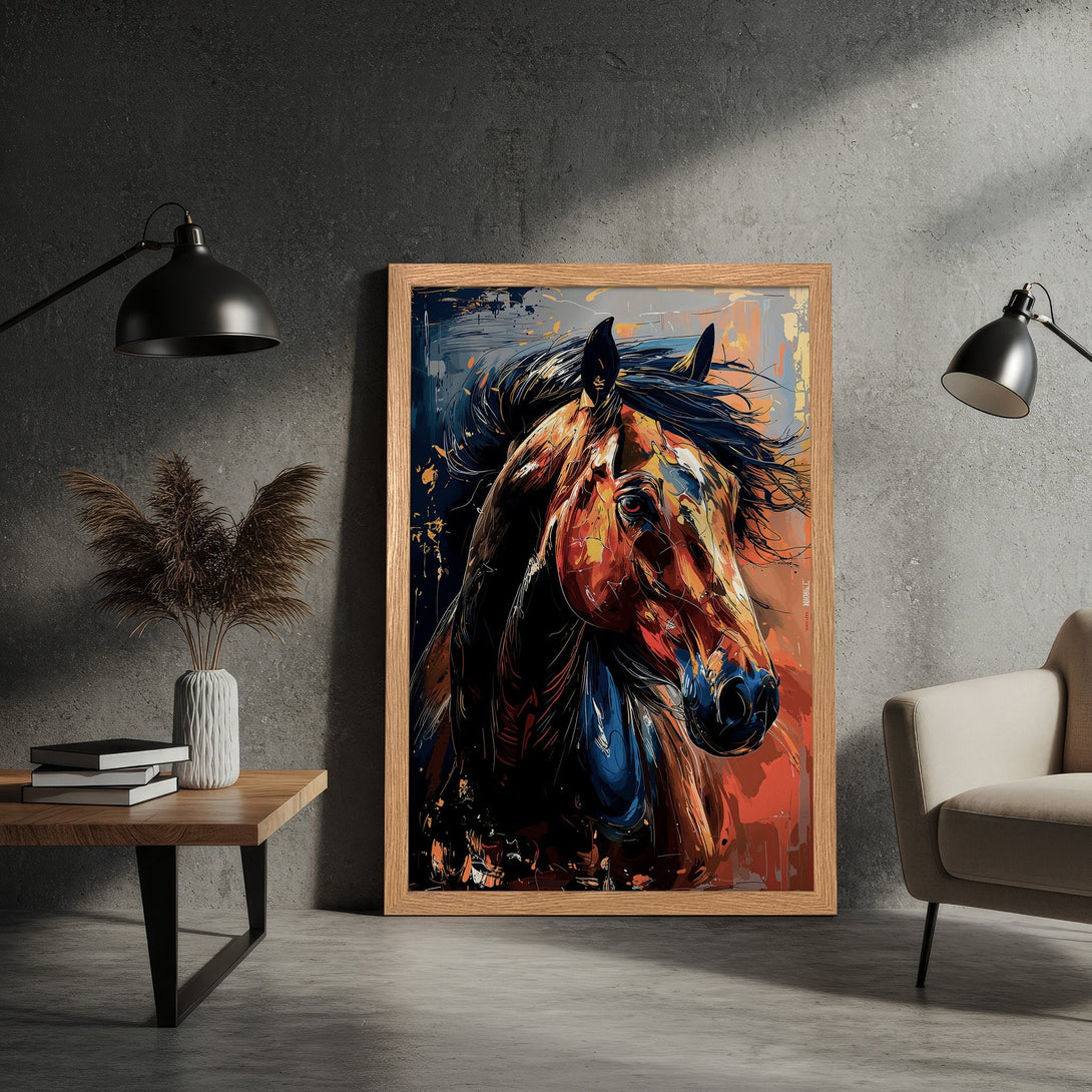 Framed Poster of a majestic horse in an expressive, modern style. Features a vibrant palette of orange, blue, and black. Perfect wall art!