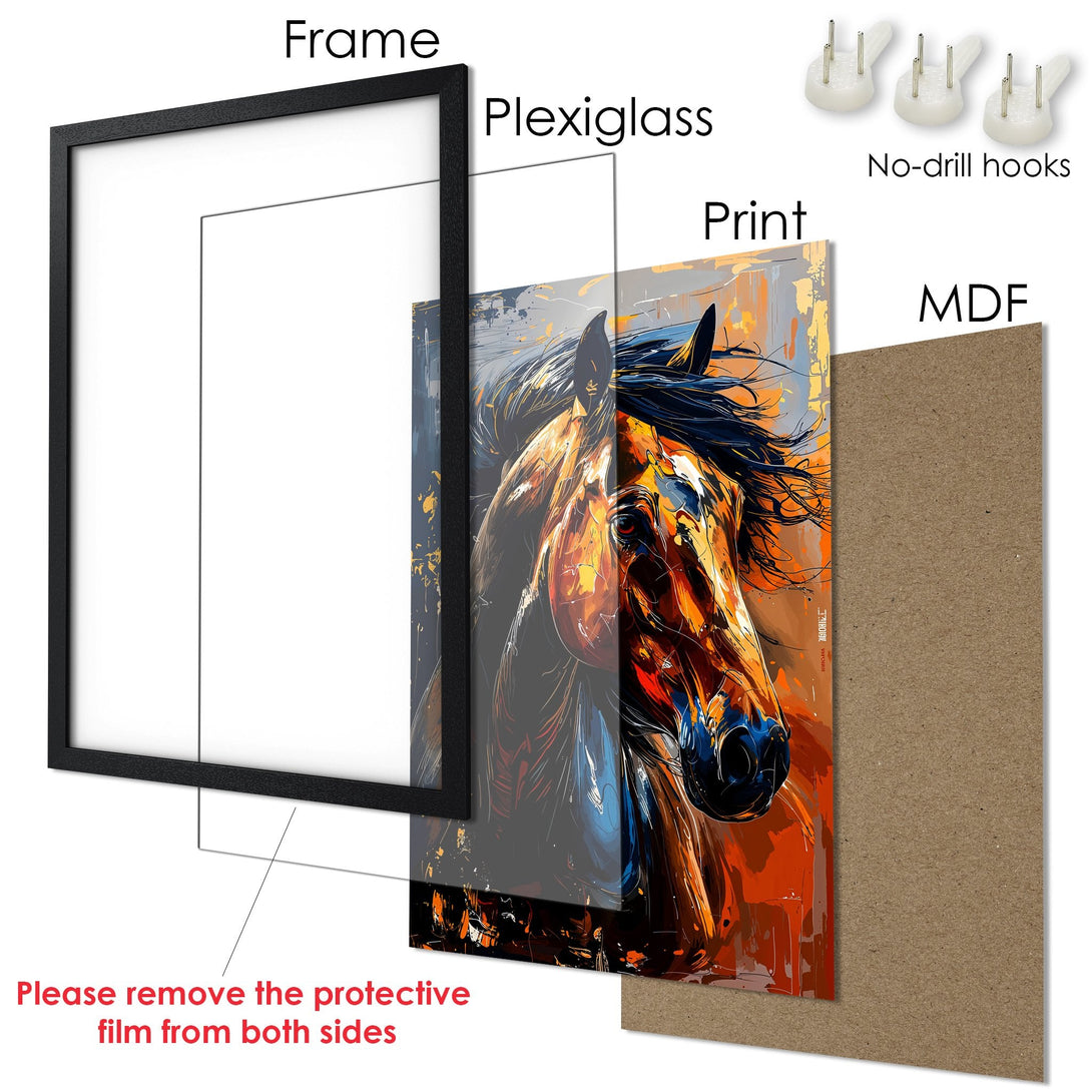 Framed Poster featuring a horse in vibrant orange and blue abstract art style. Perfect wall decor!