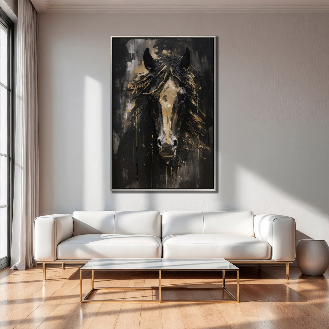 Framed Wall Art: Majestic horse portrait in black, gold, and white. Modern abstract style Canvas Print adds a touch of elegance to any space.
