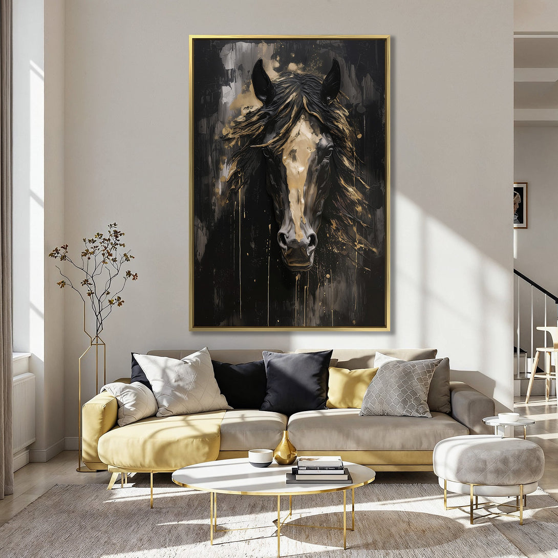 Canvas Print of a majestic horse, abstract style, black and gold palette. Perfect wall art for a modern home.