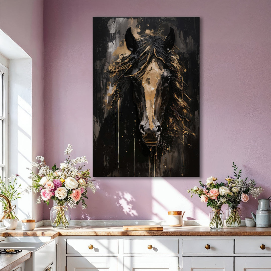 Framed Wall Art: Stunning abstract horse portrait in black and gold. Modern canvas print adds elegance to any interior. Shop now for statement art!