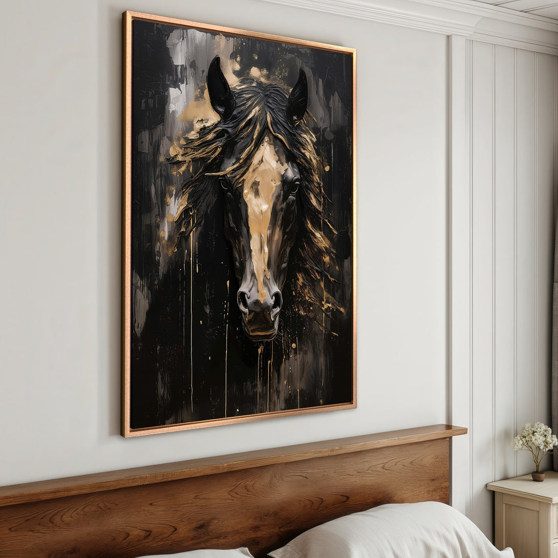 Framed Wall Art: Stunning horse portrait in black, gold, and tan. Modern abstract style canvas print adds elegance to any space. Shop now!