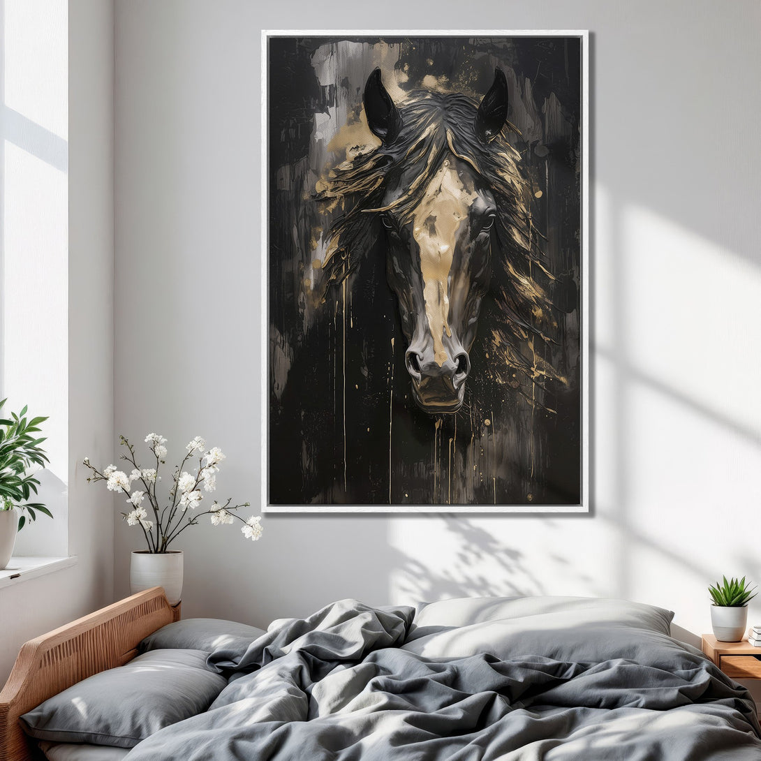 Framed Wall Art: Majestic horse portrait in black & gold abstract style. Elevate your space with this stunning canvas print, perfect for bedroom decor.