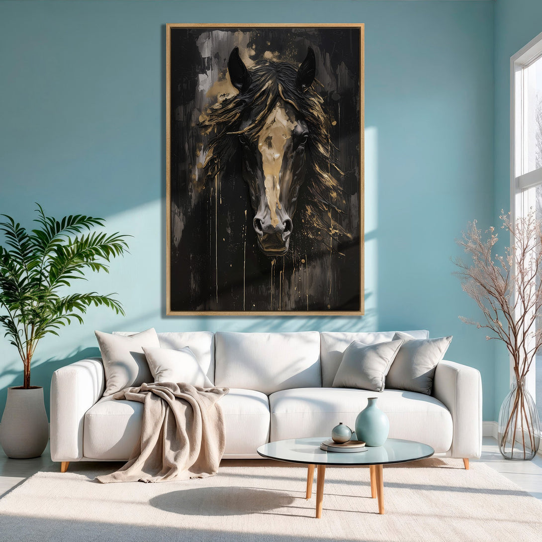 Framed Wall Art of a majestic horse in black and gold abstract style, displayed in a modern living room with a teal color palette.