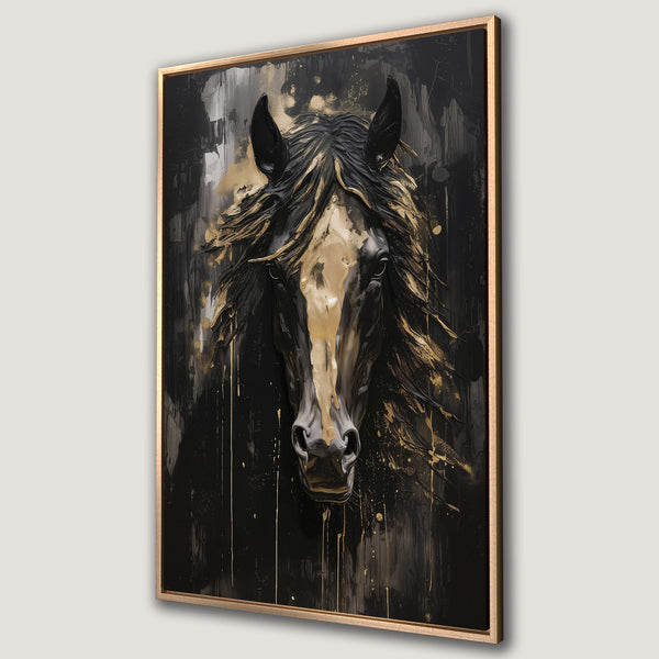 Framed Wall Art: Majestic horse portrait in a modern, abstract style. Dramatic black, gold, and neutral color palette. Elevate your decor with this stunning canvas print.