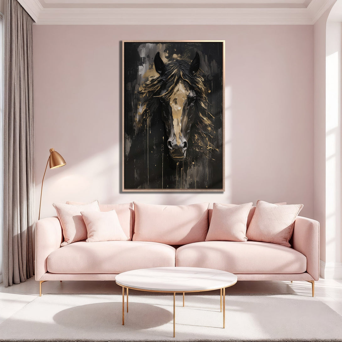 Framed Wall Art: Abstract horse portrait in black, gold, and white. Modern art print for home decor, displayed in a pink interior.