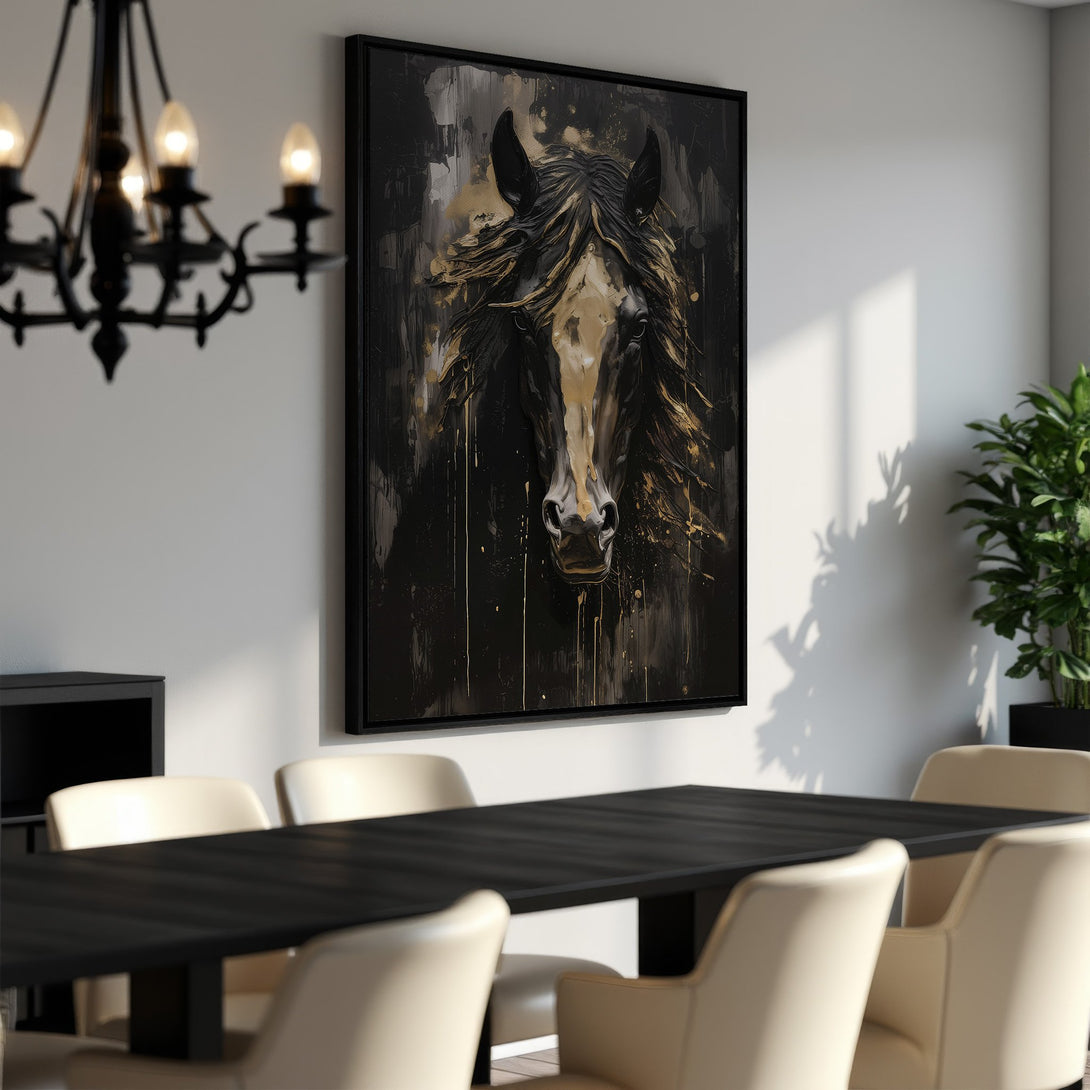 Framed Wall Art: Dramatic horse portrait in black and gold hues. Abstract art style, perfect for modern home decor. Elevate your space with stunning canvas prints.