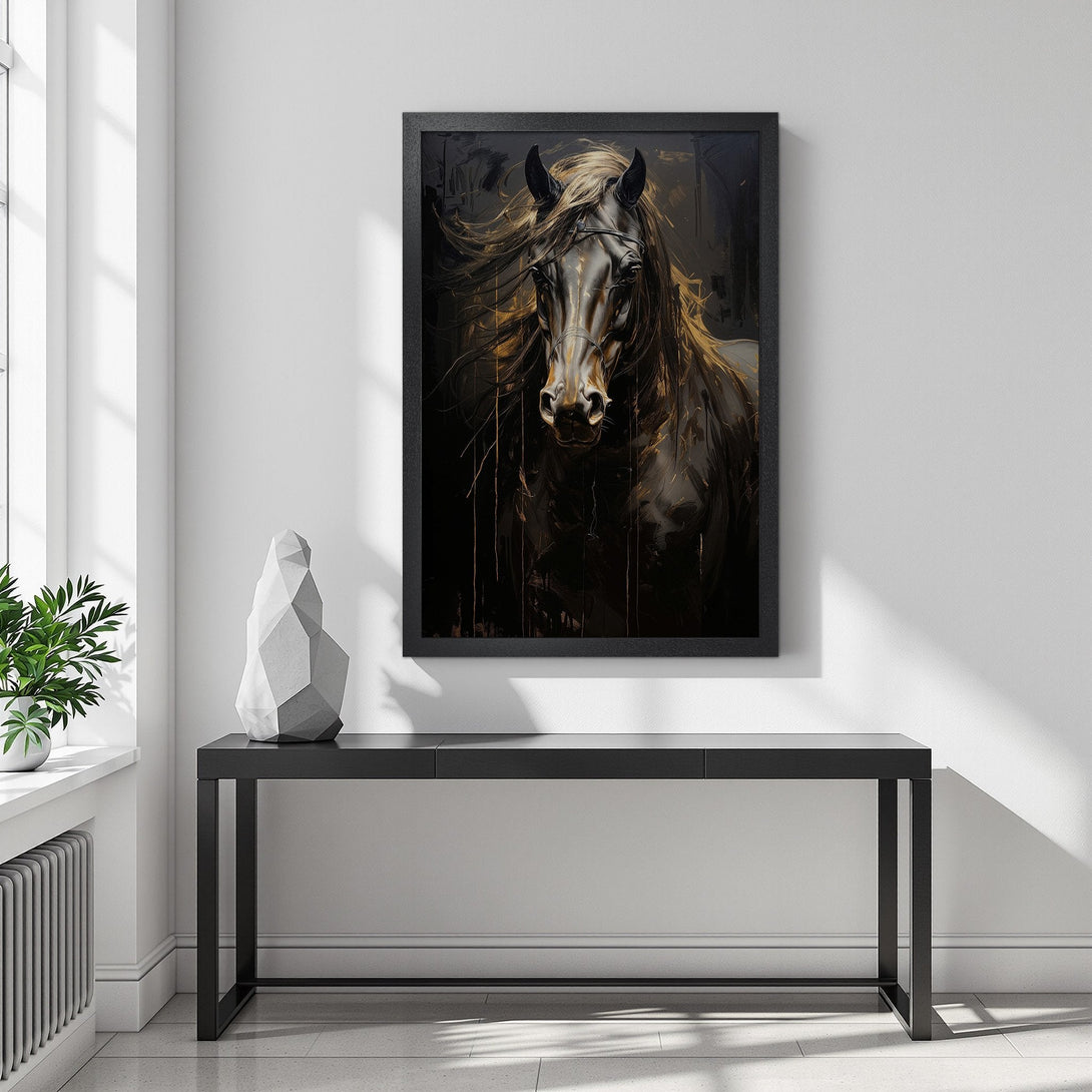 Framed Poster featuring a majestic horse portrait in a dark, artistic style with gold accents. Perfect wall art!