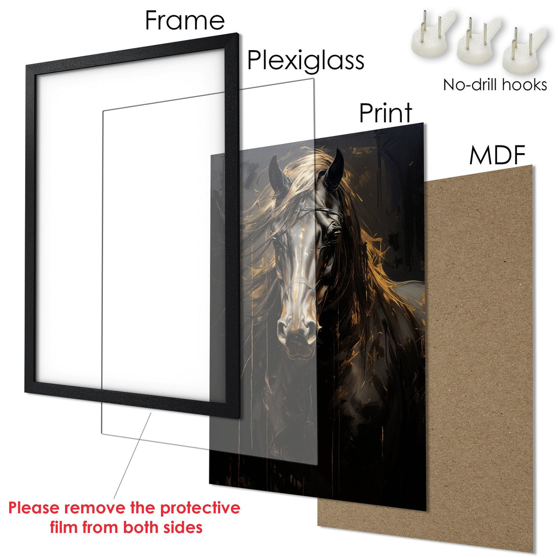 Framed Poster featuring a majestic horse, dark & gold tones, perfect wall art for your home.