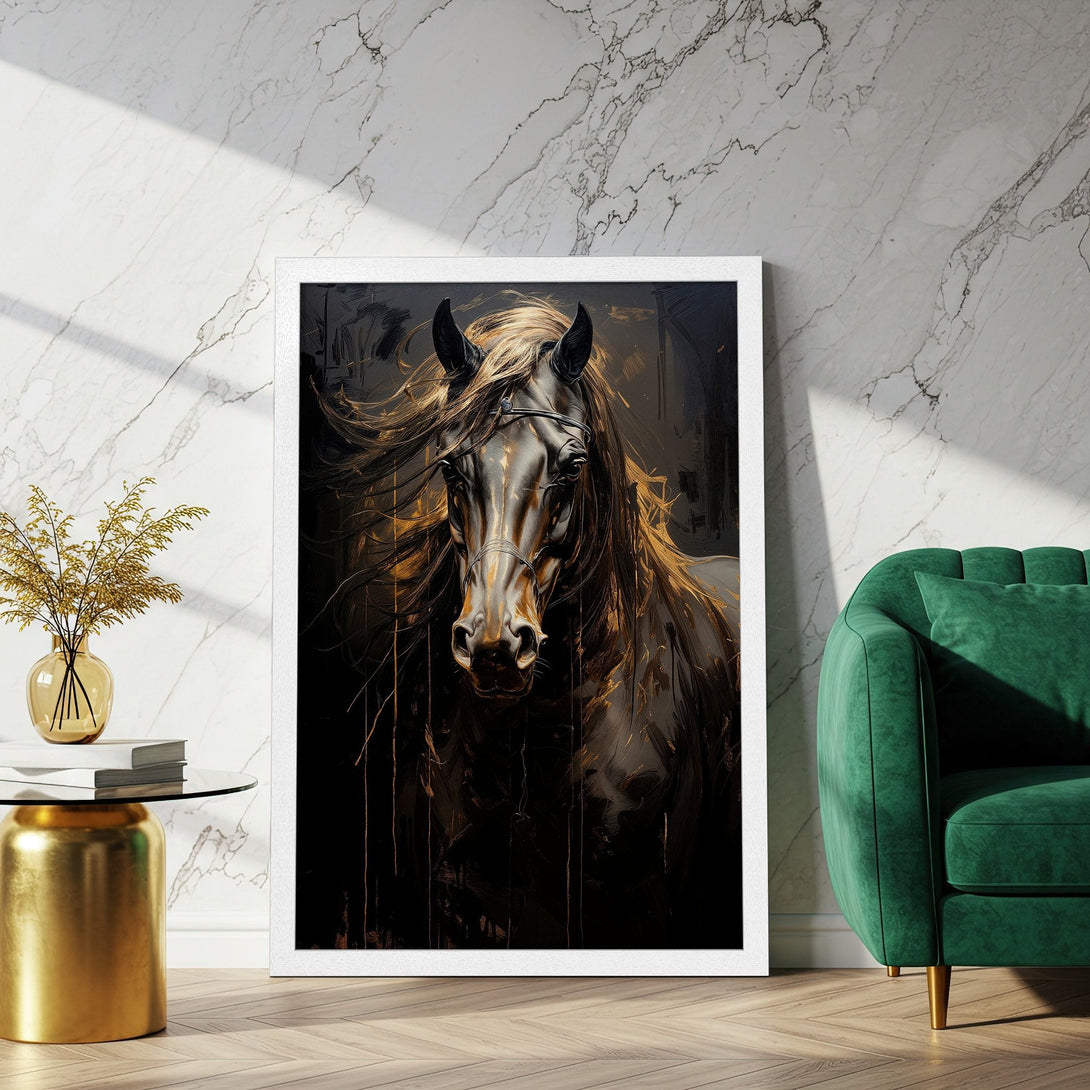 Framed Poster featuring a majestic horse in a dark, artistic style with gold and black tones. Perfect wall art for any space.