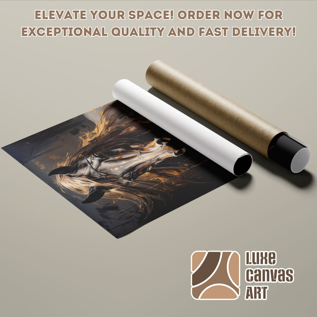 Poster Roll featuring an abstract horse art print in a dark, gold and neutral color palette. Elevate your space!