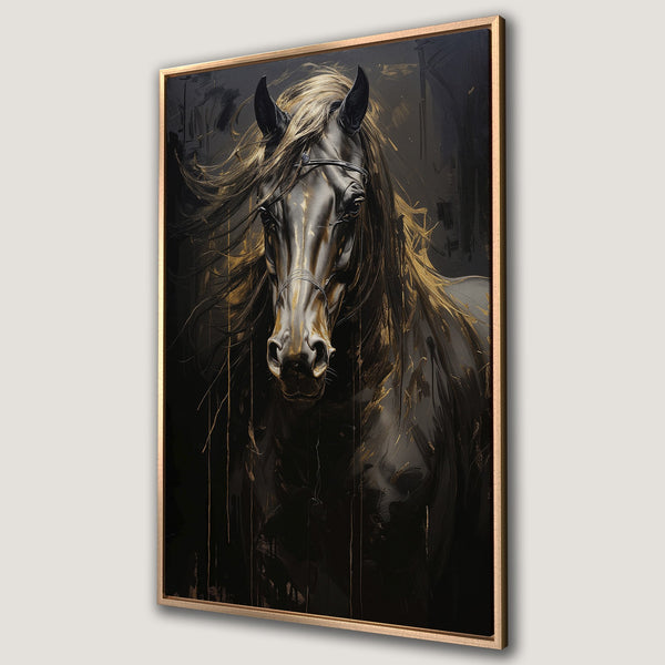 Framed Wall Art of a majestic black horse, abstract style with gold accents. Dramatic, elegant artwork in a black and gold color palette.
