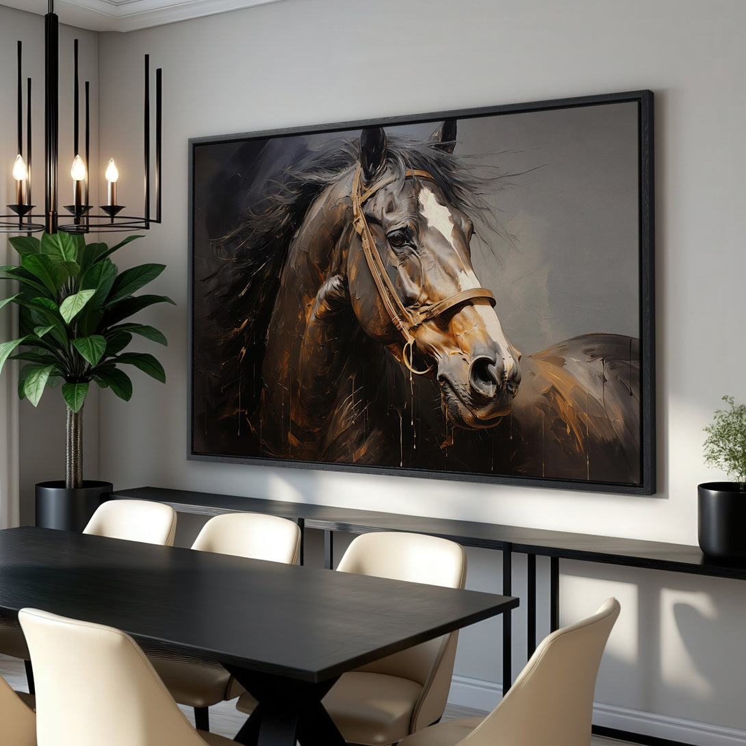 Framed Wall Art: Stunning horse portrait in a modern style with a warm brown and gray color palette. Elevate your space with this captivating canvas print.