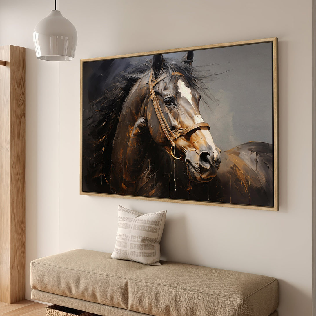 Framed Wall Art: Stunning horse portrait Canvas Print in warm brown and gray tones, perfect for any interior. Add equestrian elegance to your home!