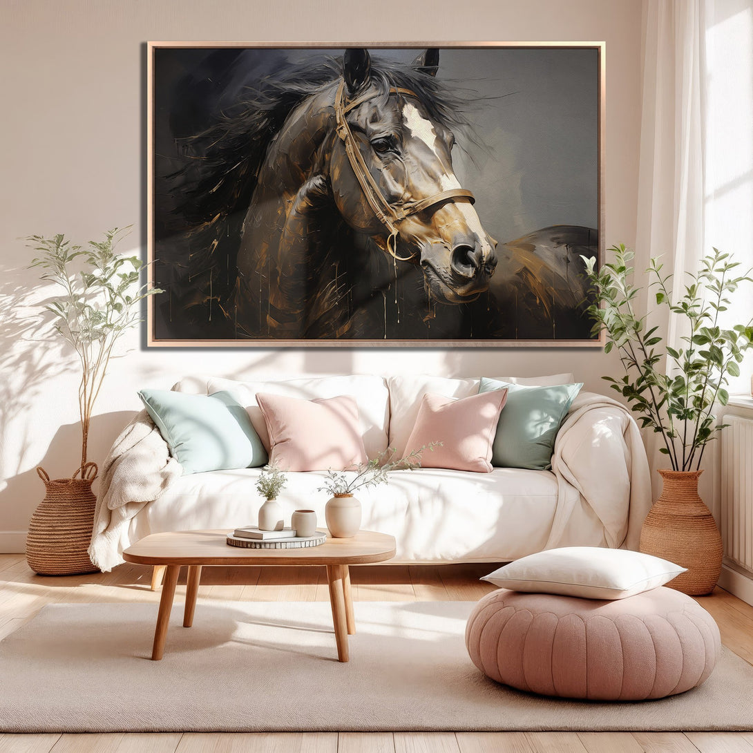 Framed Wall Art: Stunning horse portrait in a modern, abstract style. Warm color palette of browns, blacks, and gold. Perfect for living room decor.
