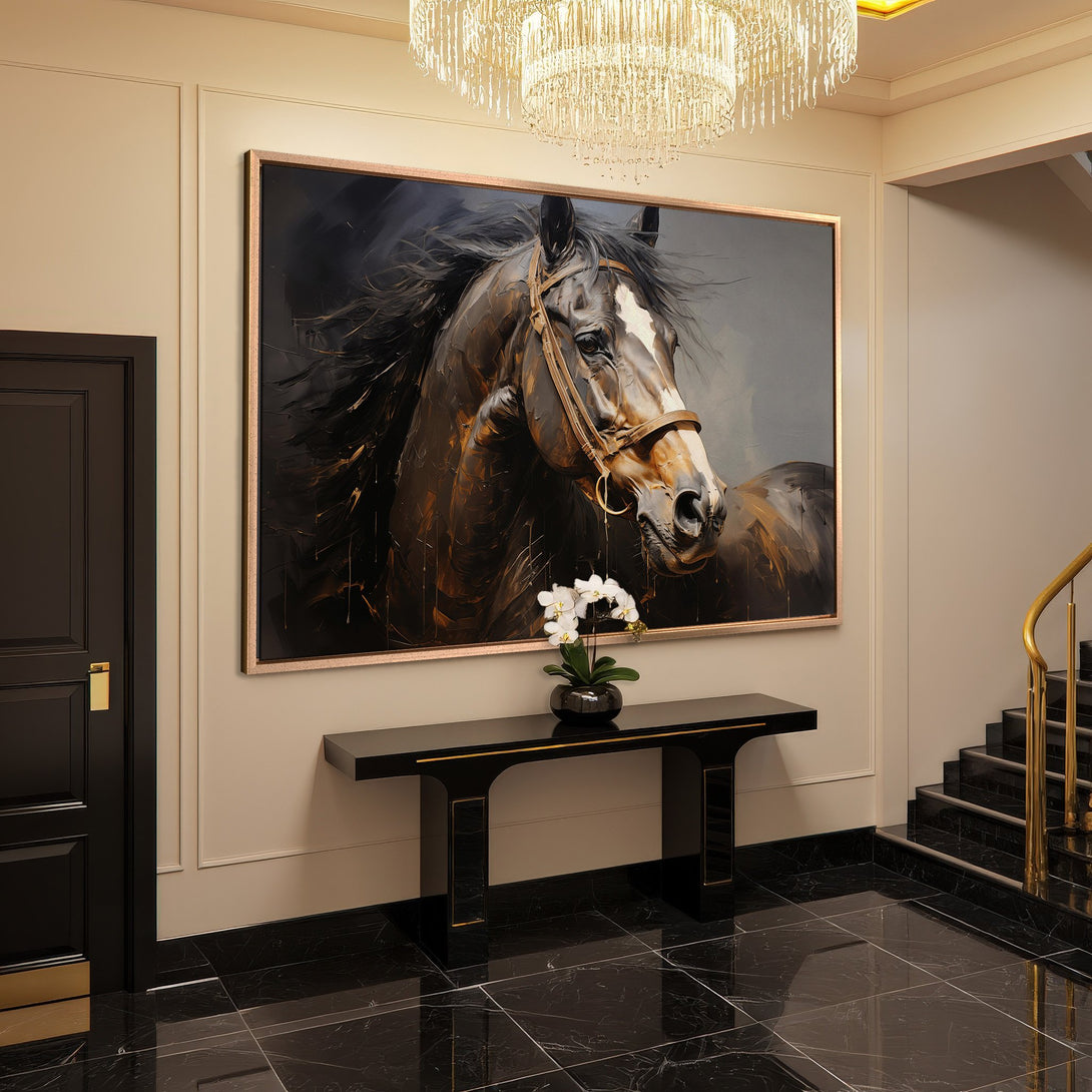 Framed Wall Art: Majestic horse portrait in a dark, moody style. Elegant decor piece with a brown and gold color palette, perfect for adding sophistication.