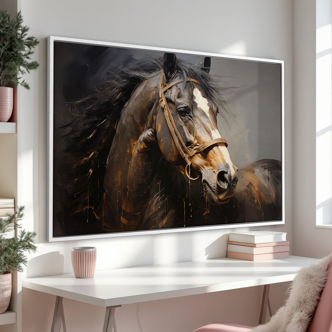Framed Wall Art: Stunning horse portrait in a dark, expressive style. Earthy brown and gold tones create a captivating and elegant statement piece.