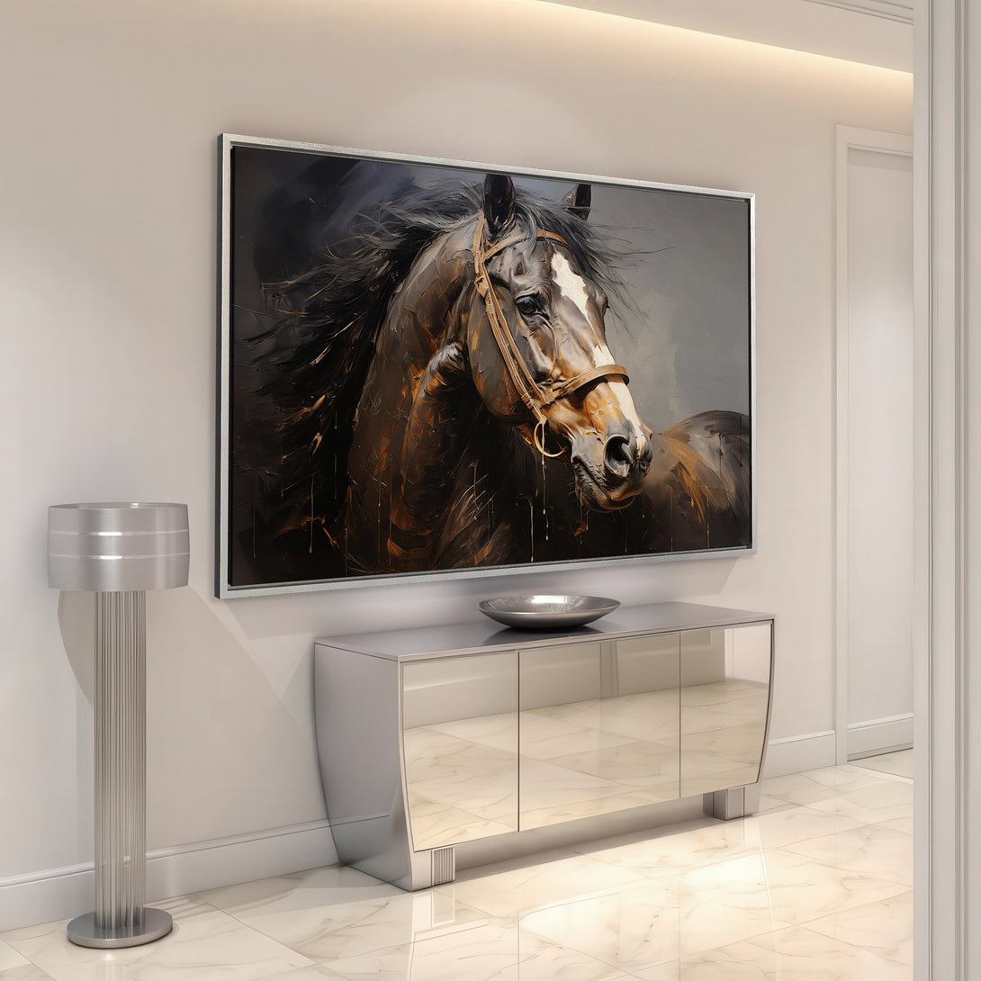 Framed Wall Art: Stunning horse portrait in a modern, impressionistic style. Earthy tones and dramatic brushstrokes create a captivating focal point for any room.