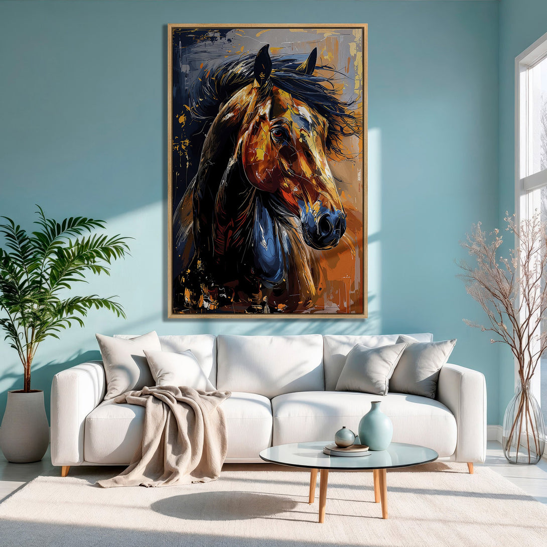 Framed Wall Art: Stunning horse portrait canvas print in warm orange and blue tones. Modern art for living room decor. Shop now!