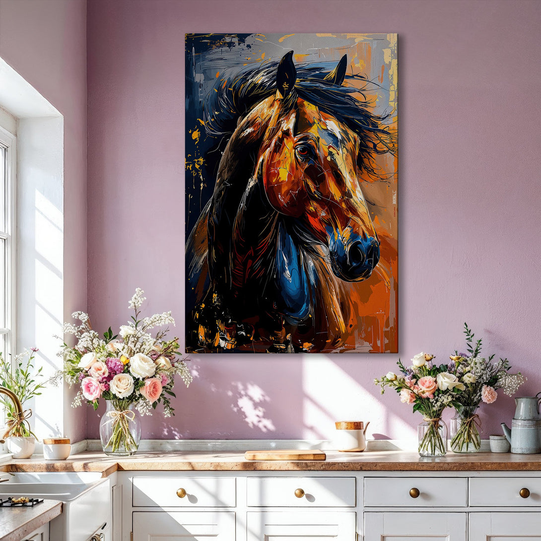 Framed Wall Art: Abstract horse portrait in vibrant orange, blue, and gold hues. Modern art Canvas Print adds a bold statement to any interior.