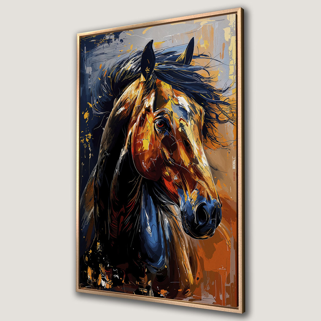 Framed Wall Art: Stunning abstract horse portrait in warm orange, blue, and black tones. Add a touch of modern art to your space!