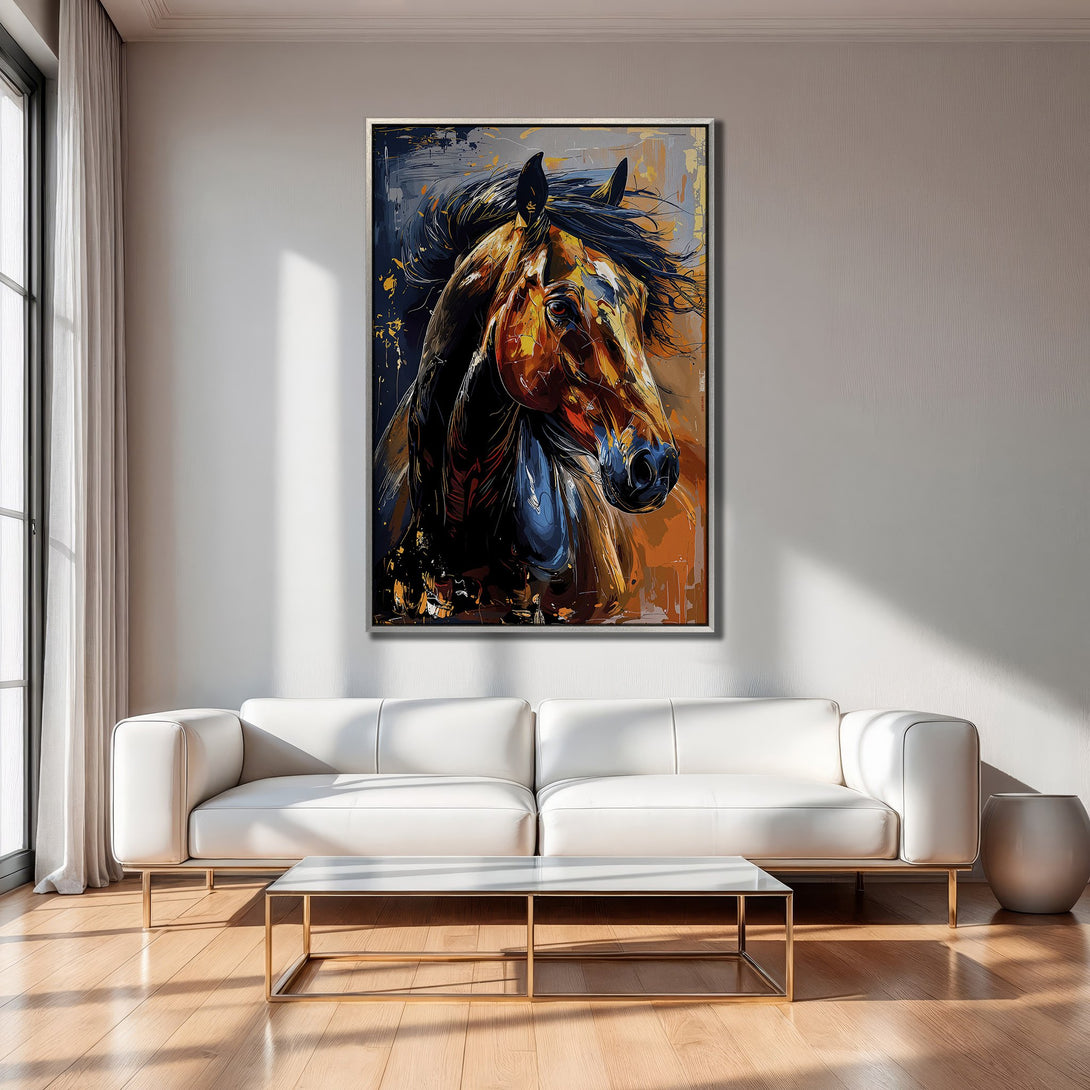 Framed Wall Art: Abstract horse portrait in warm orange, blue, and black hues, displayed in a modern living room. Perfect art for any space.