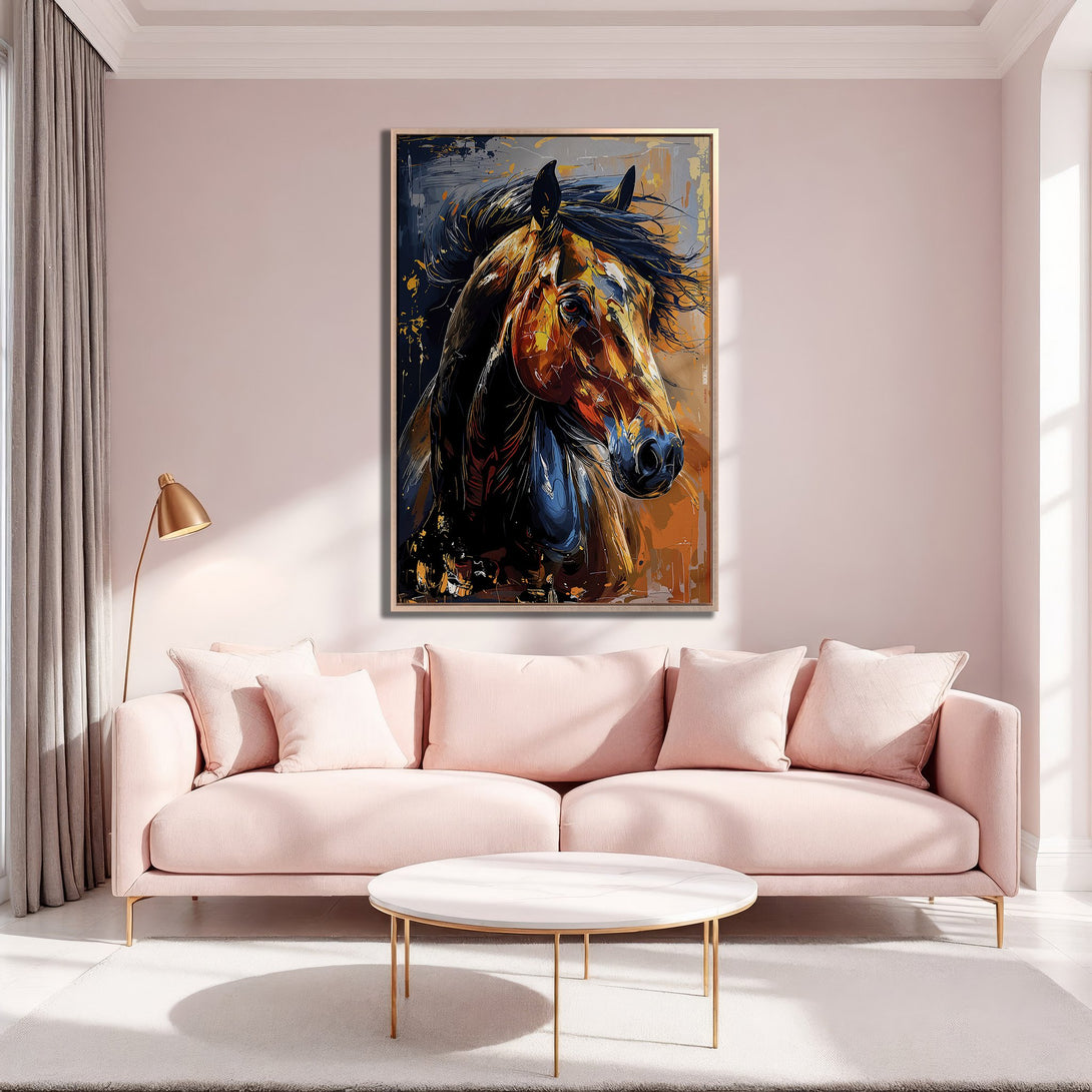Framed Wall Art featuring a majestic horse in a modern, abstract style. Warm, earthy tones with pops of blue and gold. Perfect for adding elegance.