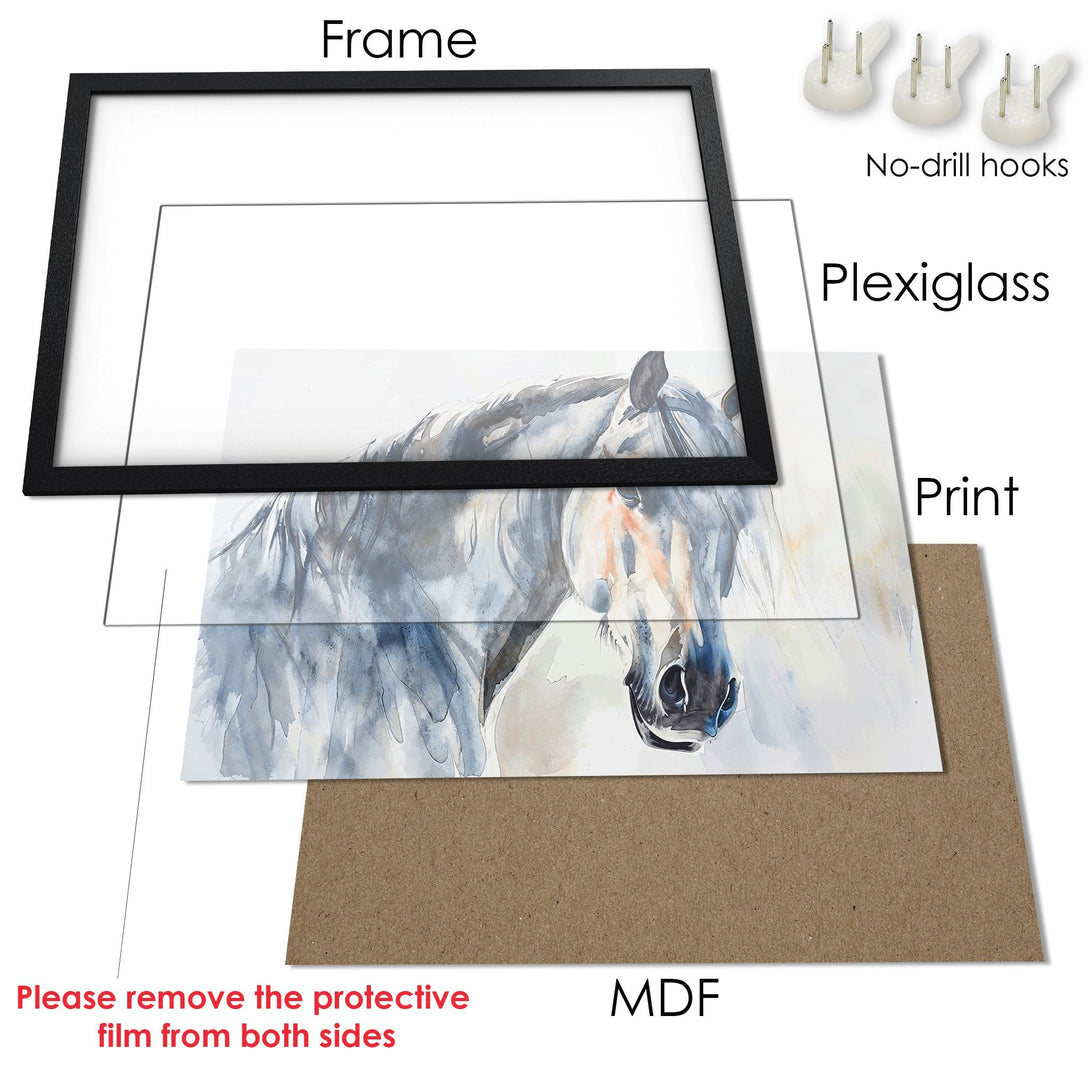 Framed Poster featuring a watercolor horse, showcasing a cool blue and neutral palette. Perfect art for your home!