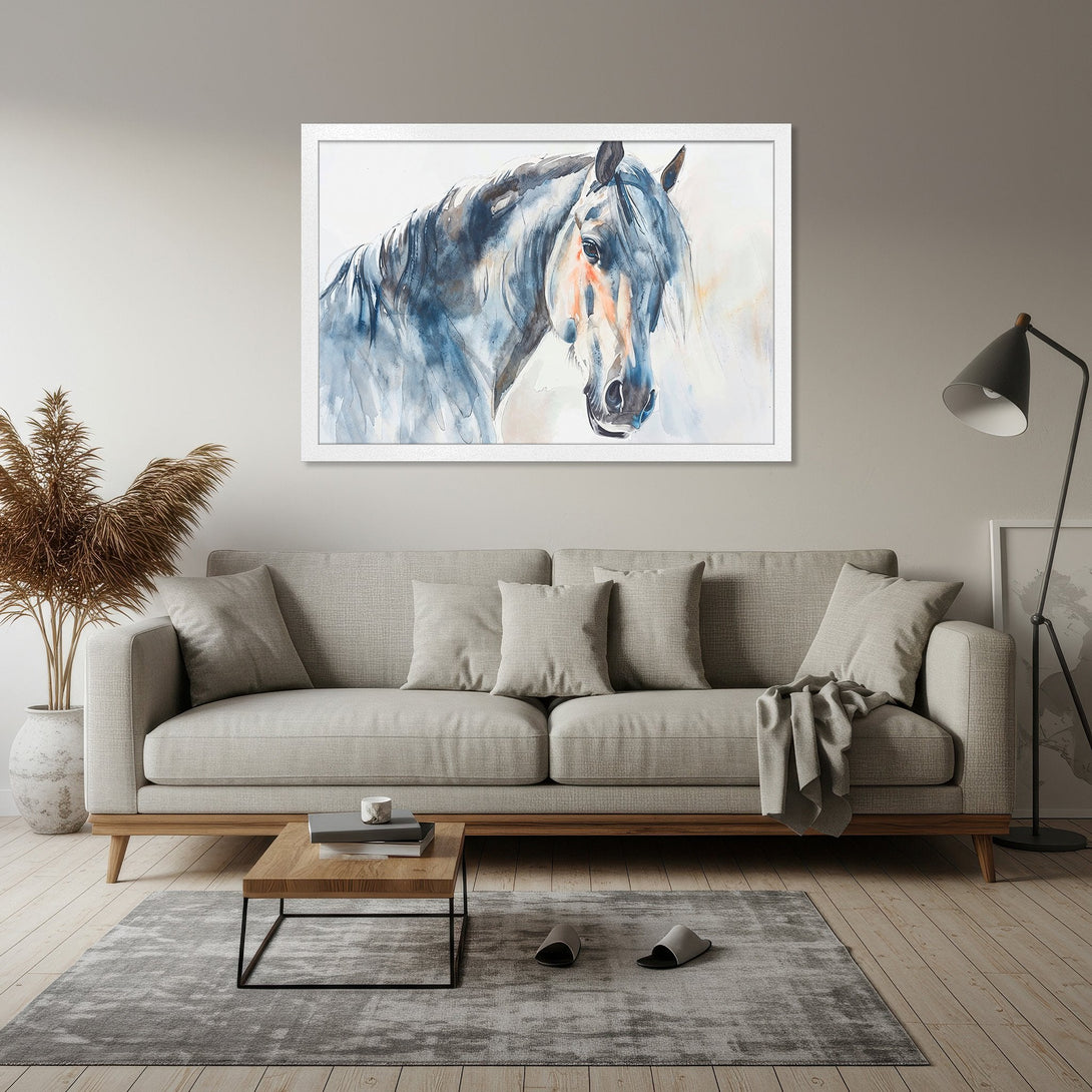 Framed Poster of a horse in watercolor style. Featuring cool blue and neutral tones. Perfect wall art for modern home decor.