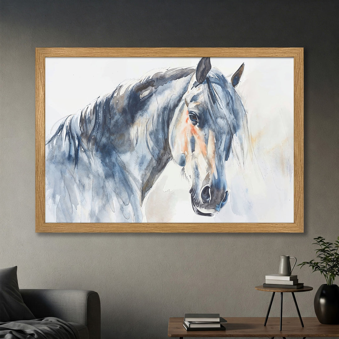 Framed Poster featuring a watercolor horse portrait in blue and neutral tones. A stunning piece of art!