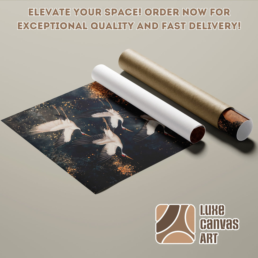 Poster Roll featuring elegant cranes in flight, dark blue & gold color palette. Elevate your space!