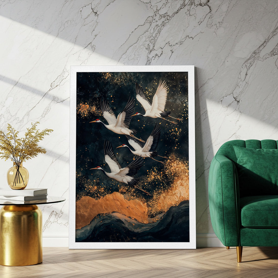 Framed Poster featuring cranes in flight. Artistic style with dark blue, gold, and white color palette. Perfect wall art for your home.