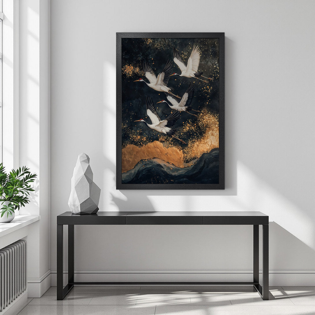 Framed Poster featuring elegant cranes in flight, with a dark, gold and navy color palette. Perfect art for modern decor.