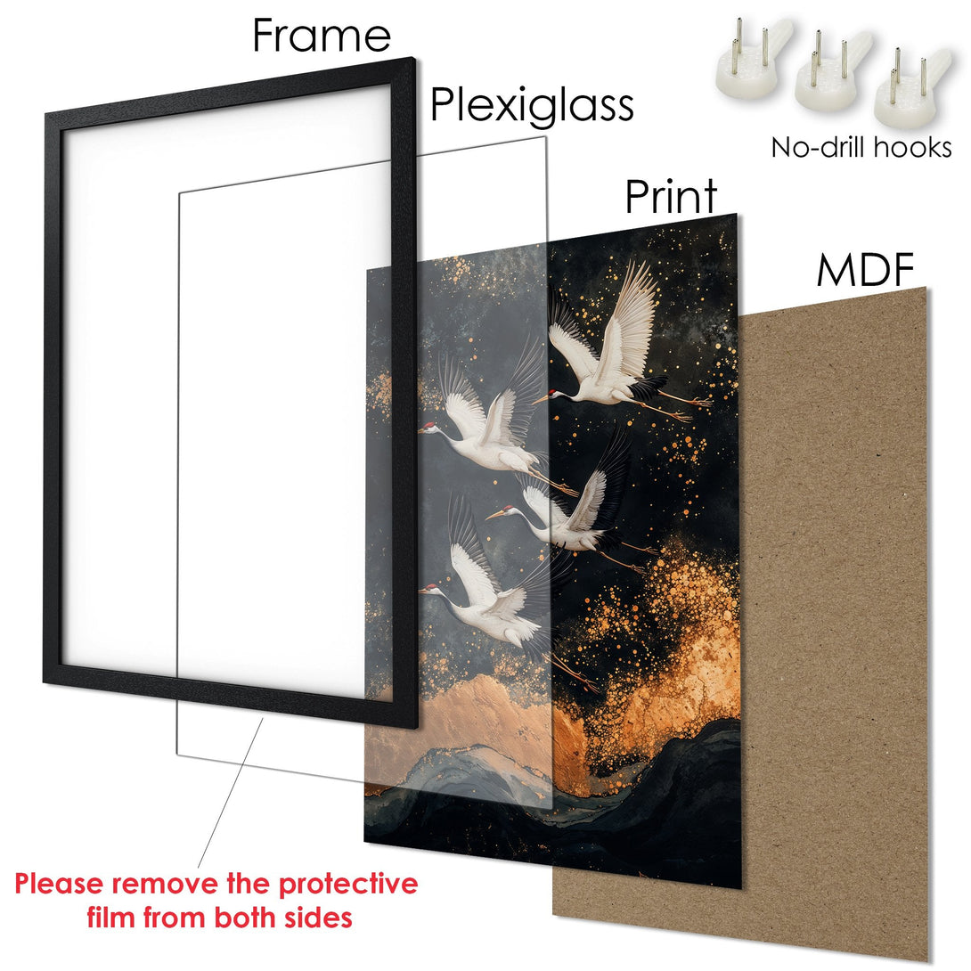 Framed Poster featuring elegant cranes in flight, with a dark, gold, and grey color palette. Perfect wall art for any space.
