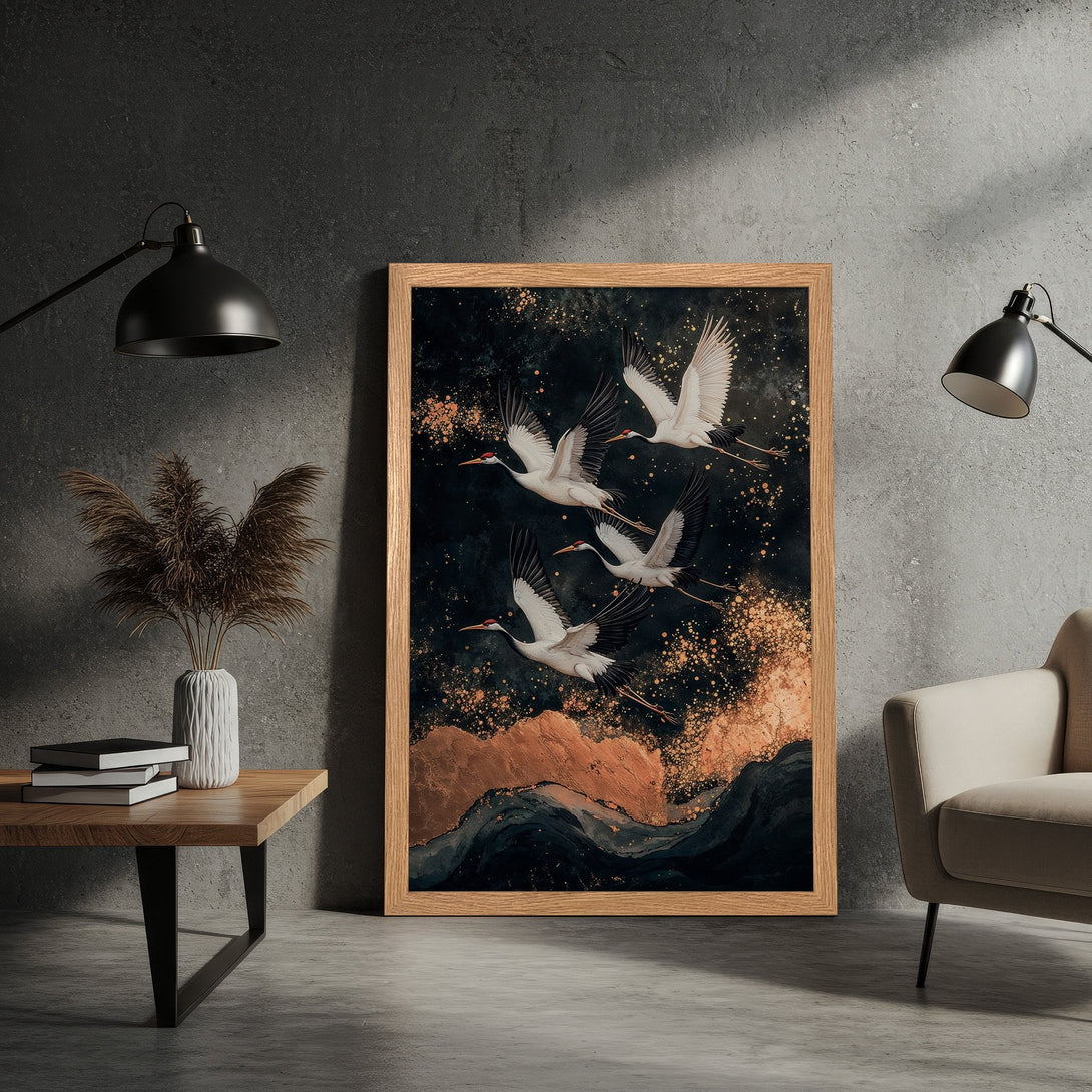Framed Poster featuring cranes in flight. Artistic style with a dark, moody palette of black, gold, and teal. Perfect wall art!