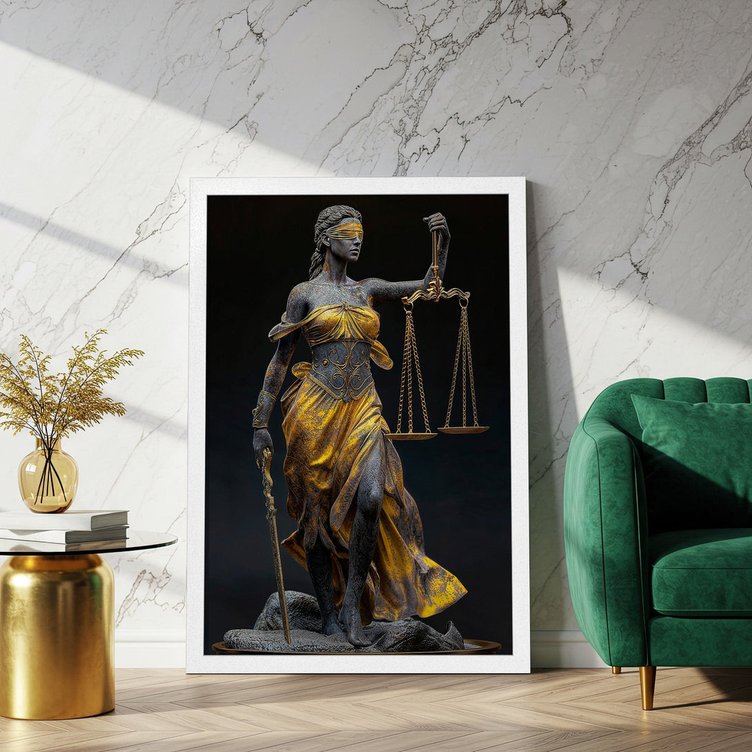 Framed Poster featuring Lady Justice statue in gold and black, elegant decor. Perfect for law offices or home art.