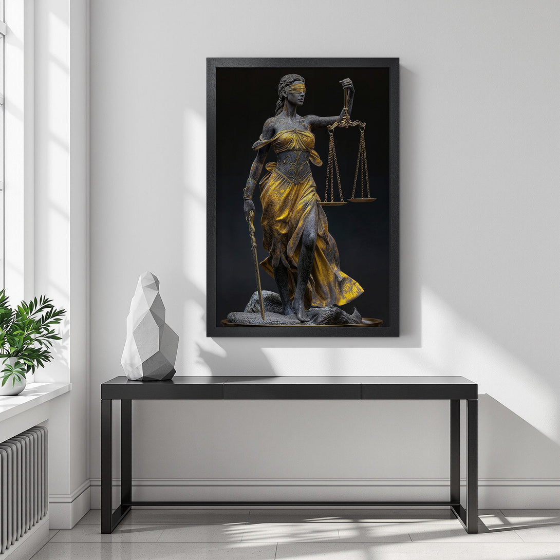 Framed Poster featuring Lady Justice statue in gold and black, perfect for law offices or home decor. Modern style, elegant color palette.