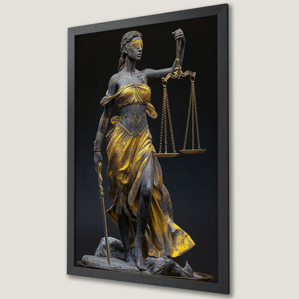 Framed Poster of Lady Justice statue in gold and gray tones, perfect for law offices or home decor.