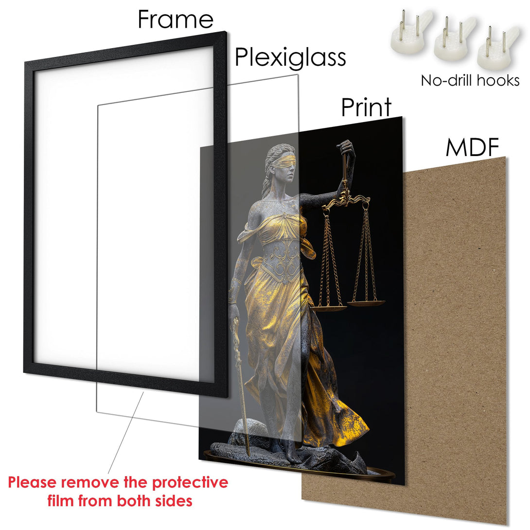 Framed Poster featuring Lady Justice statue in gold & black. Elegant art print with a modern style, perfect for home decor.