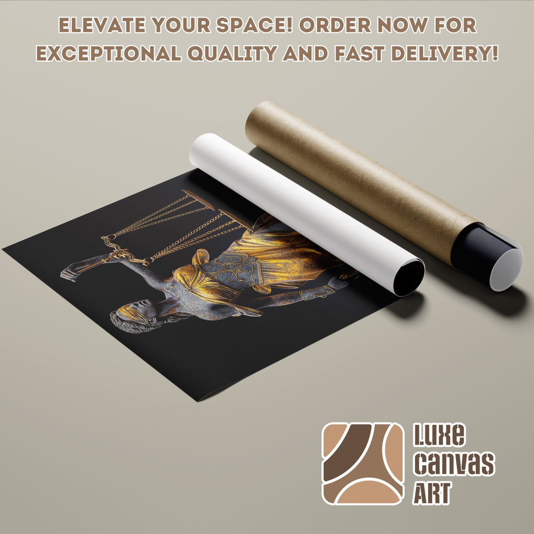 Poster Roll featuring a Justice statue, with a black, gold, and neutral color palette. Elevate your space with our art!
