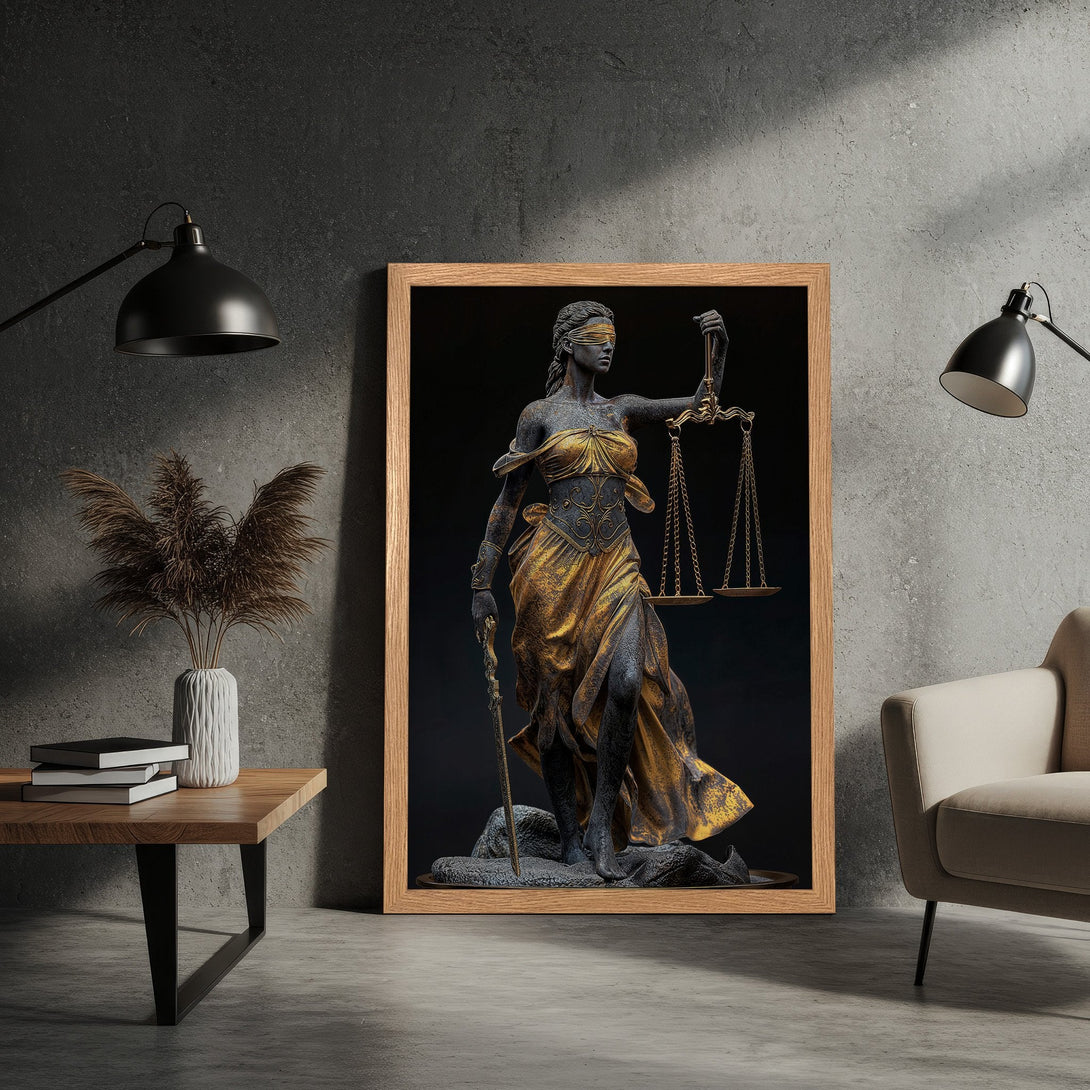 Framed Poster of Lady Justice statue in gold and black. Modern art print for home decor.