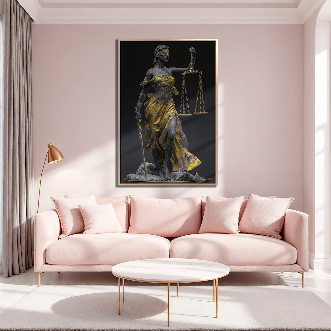 Framed Wall Art of Lady Justice in gold & black, displayed in a modern living room. Perfect for adding a touch of elegance with a blush pink color palette.