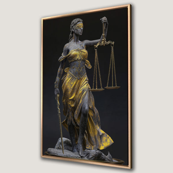 Framed Wall Art: Lady Justice Canvas Print in gold and gray tones. Elegant wall decor with a classic, statuesque style. Perfect for home or office.