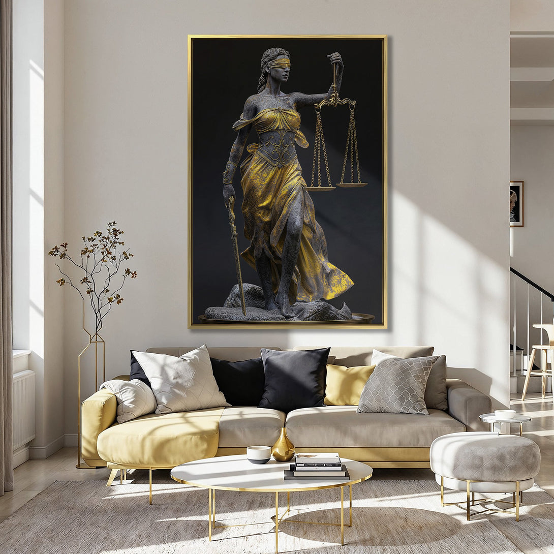 Canvas Print of Lady Justice sculpture with gold and black color palette, displayed in a stylish interior.