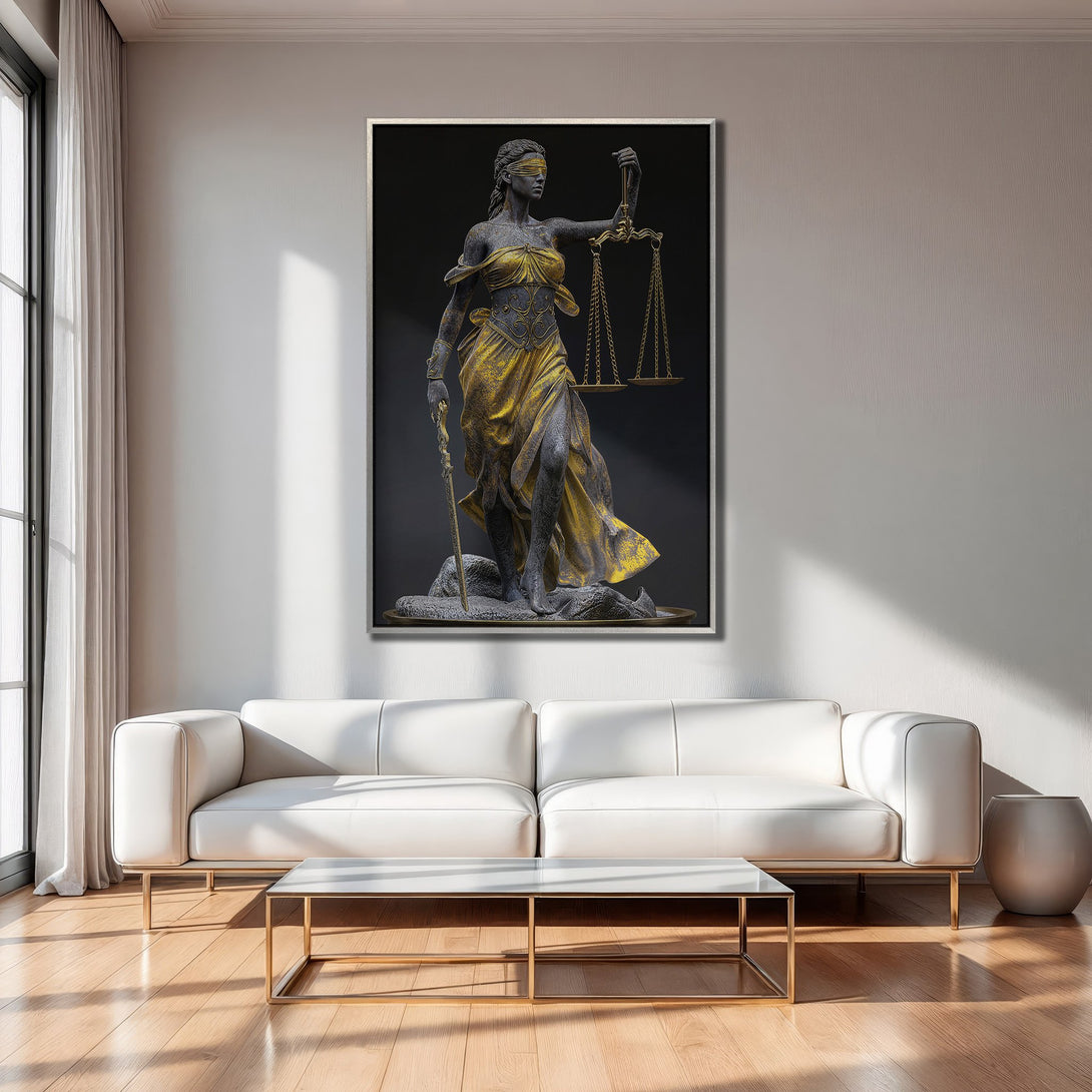 Framed Wall Art of Lady Justice statue in gold and black, displayed in a modern living room with neutral color palette. Enhance your space!