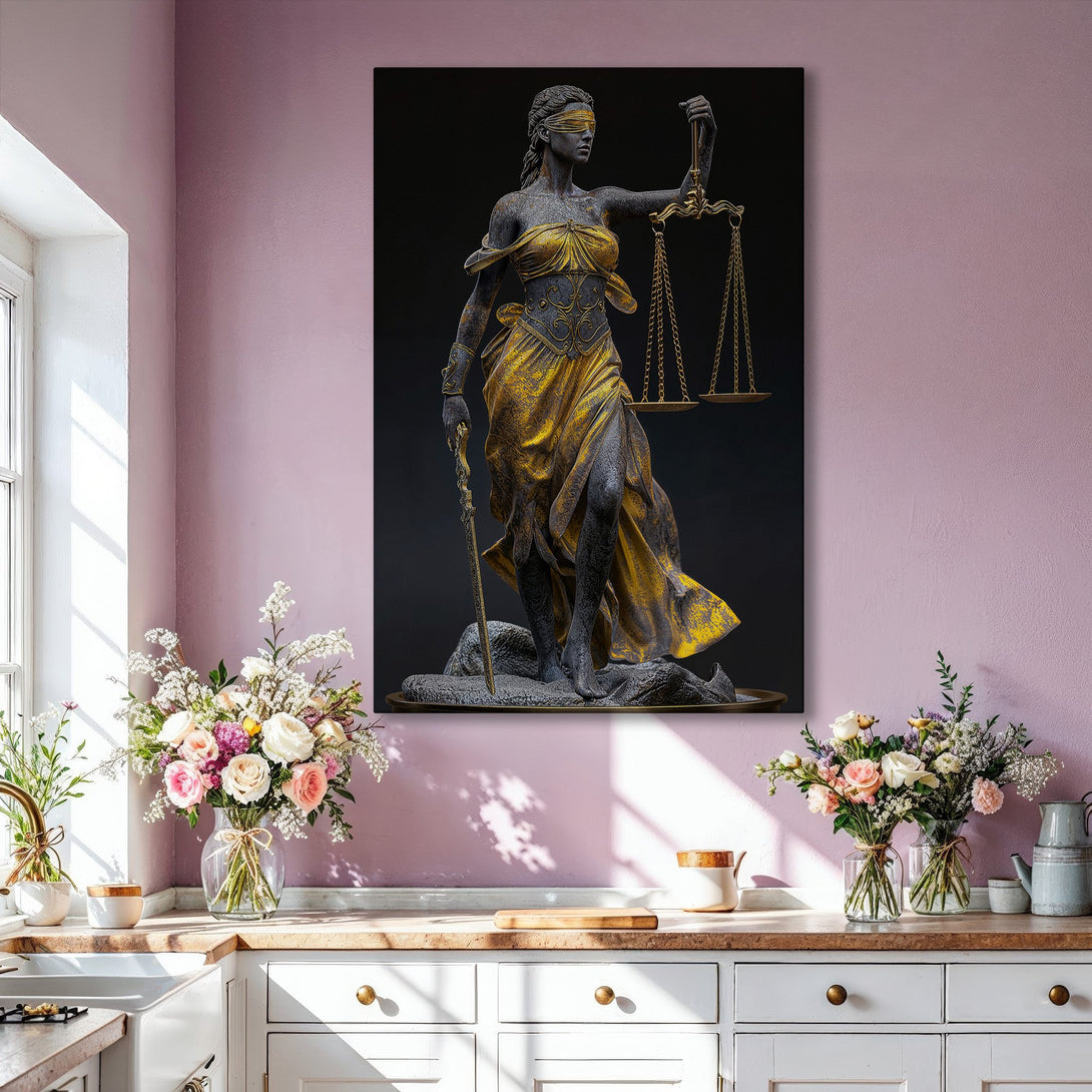 Framed Wall Art featuring Lady Justice sculpture in gold and black. Modern, elegant decor with a warm color palette. Perfect for your living room!