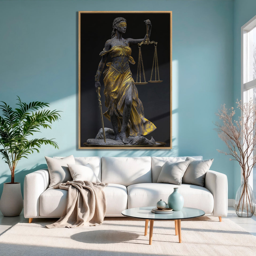 Framed Wall Art featuring Lady Justice statue in gold & bronze tones. Stylish decor for any space. Modern art with a touch of elegance.